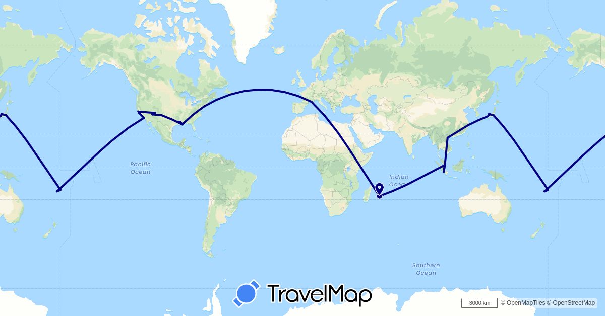 TravelMap itinerary: driving in Fiji, France, Indonesia, Japan, Singapore, United States, Vietnam (Asia, Europe, North America, Oceania)
